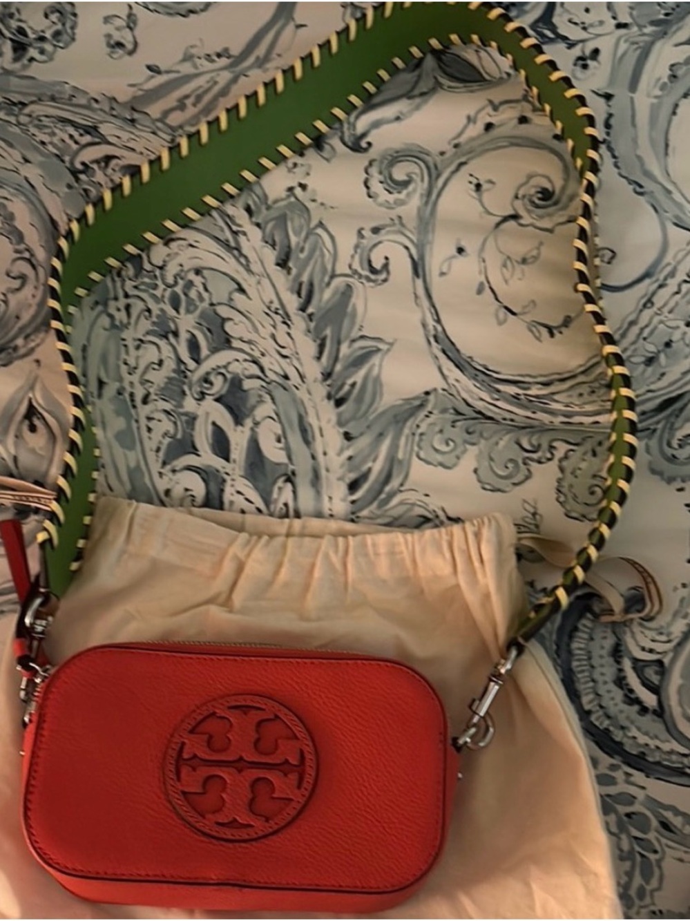 Tory Burch Poppy Red Leather Crossbody with Green Braided Strap